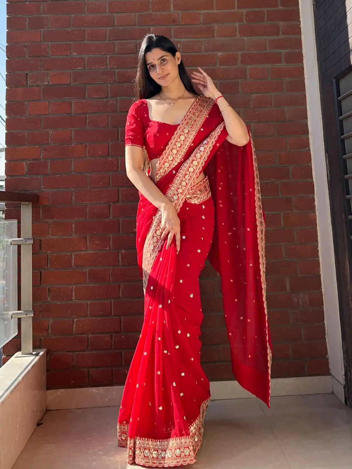 NC 5544 Red Color Georgette Saree with Embroidery Work & Lace Work. Special Price ₹1949. Delivery 4-6 Working Days. Shop now. | Designer Sarees, Modern Digital sarees, Sarees, Bollywood Sarees, Creative Sarees, Embroidered Sarees, Ethnic Saree, Party Wear Sarees