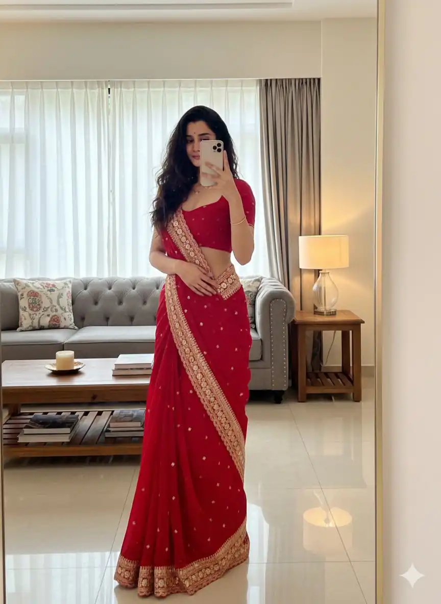 NC 5544 Red Color Georgette Saree with Embroidery Work & Lace Work. Special Price ₹1949. Delivery 4-6 Working Days. Shop now. | Designer Sarees, Modern Digital sarees, Sarees, Bollywood Sarees, Creative Sarees, Embroidered Sarees, Ethnic Saree, Party Wear Sarees