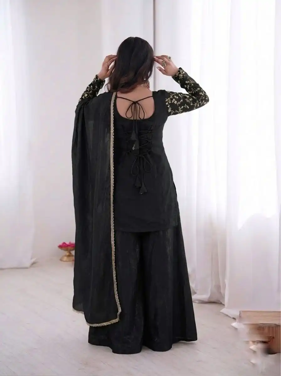 JF 043 Black Pure Fendy Silk Salwar Suitwith Embroidery Work & Sequins Work. Exclusive Offer ₹1940. Delivery 4-6 Working Days. Shop now. | Jump Suits, Salwar suit, Casual Suits, Creative suits, Designer Suits, Palazzo Suits, Party Wear Suits, Patiala Suits, Straight Suits