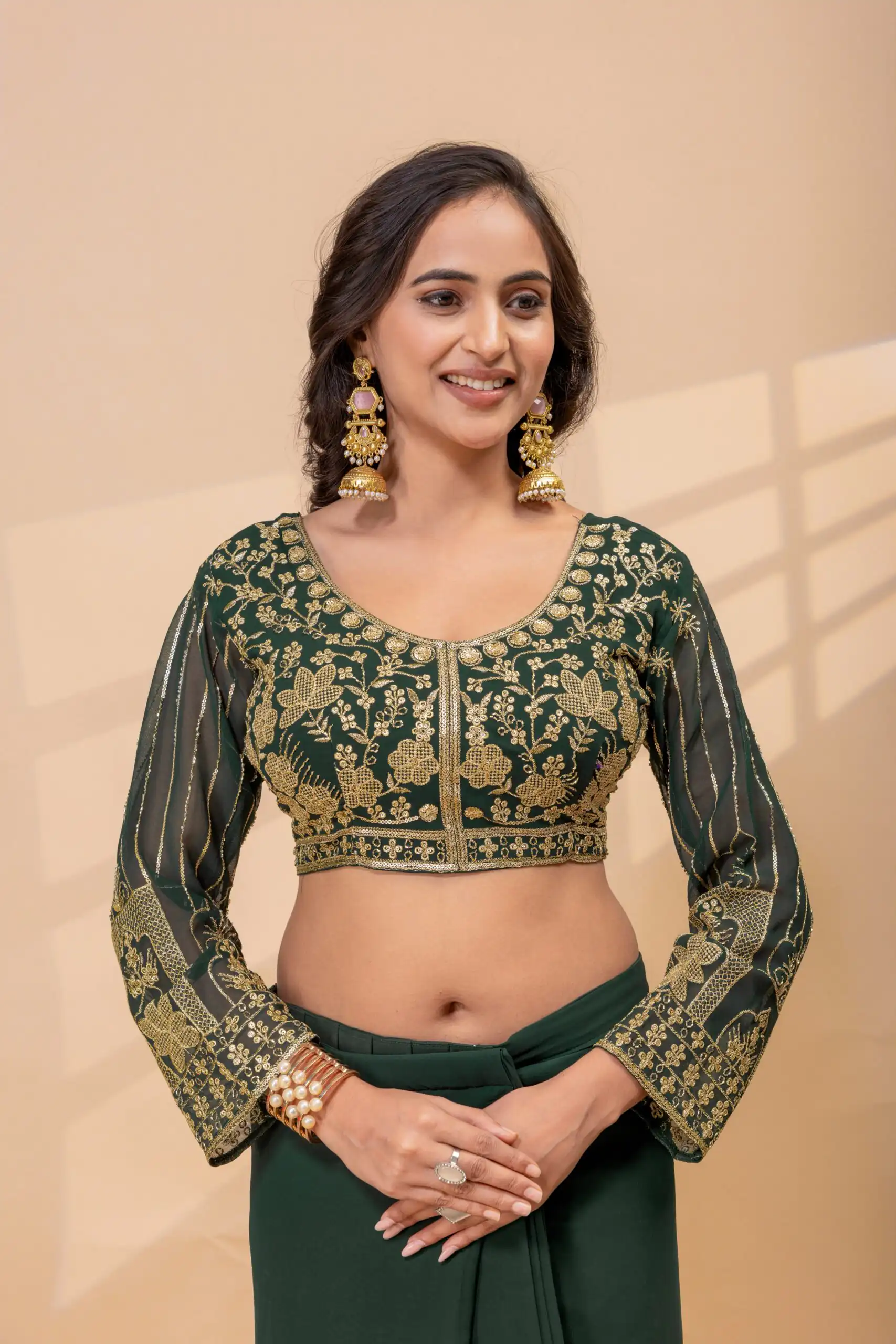 ST 1172 Green Faux Georgette Saree with Embroidery Work & Bead Work. Now at just ₹1849. Delivery 4-6 Working Days. Shop now. | Designer Sarees, Modern Digital sarees, Sarees, Bollywood Sarees, Creative Sarees, Embroidered Sarees, Ethnic Saree, Party Wear Sarees