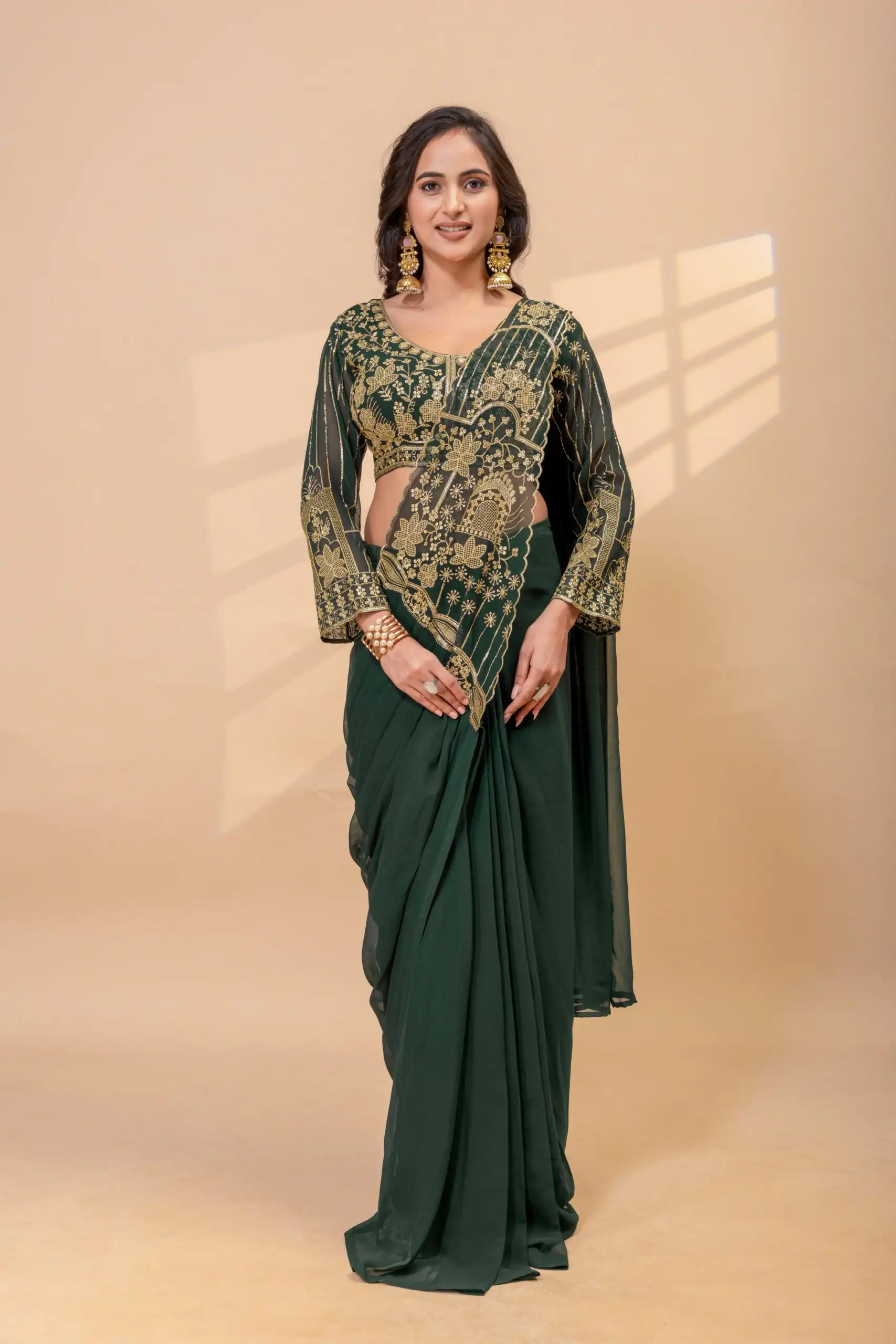 ST 1172 Green Faux Georgette Saree with Embroidery Work & Bead Work. Now at just ₹1849. Delivery 4-6 Working Days. Shop now. | Designer Sarees, Modern Digital sarees, Sarees, Bollywood Sarees, Creative Sarees, Embroidered Sarees, Ethnic Saree, Party Wear Sarees