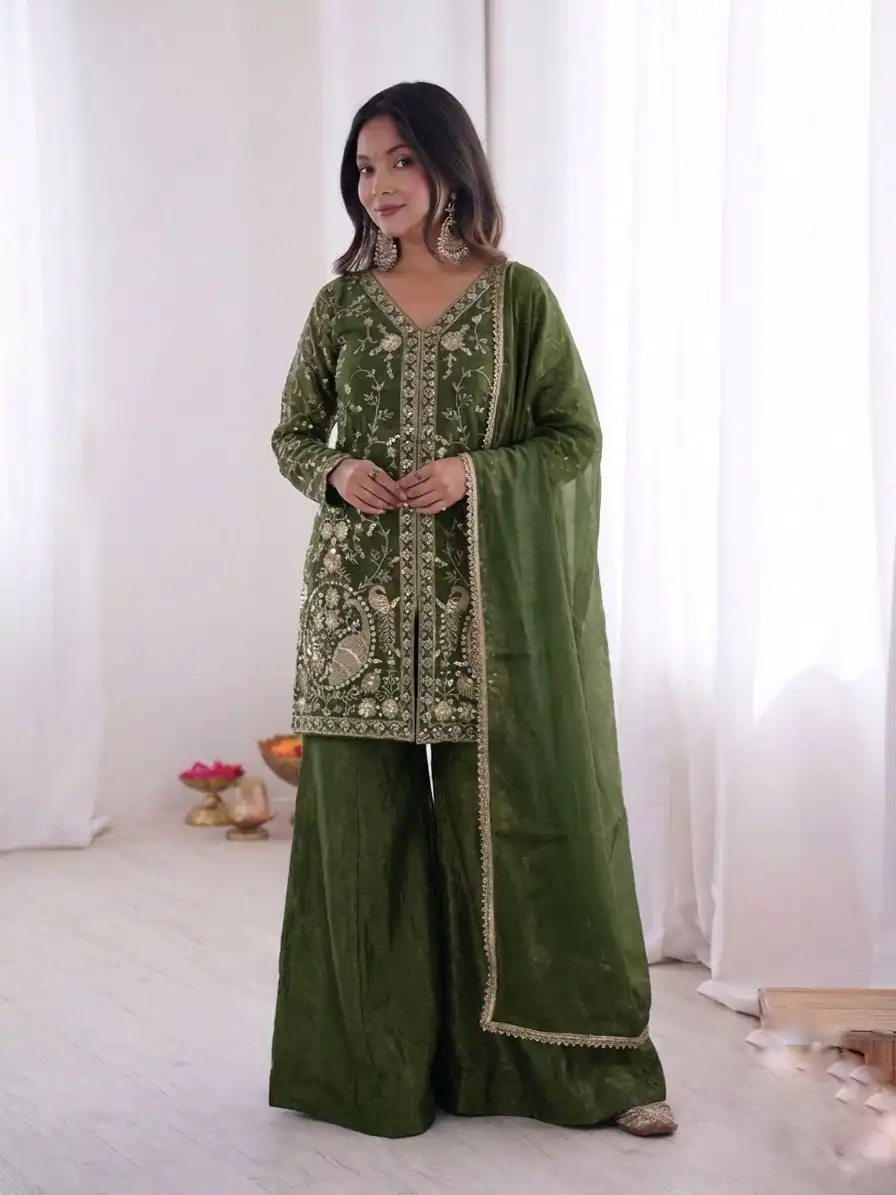 JF 043 Green Pure Fendy Silk Salwar Suitwith Embroidery Work & Sequins Work. Exclusive Offer ₹1940. Delivery 4-6 Working Days. Shop now. | Jump Suits, Salwar suit, Casual Suits, Creative suits, Designer Suits, Palazzo Suits, Party Wear Suits, Patiala Suits, Straight Suits