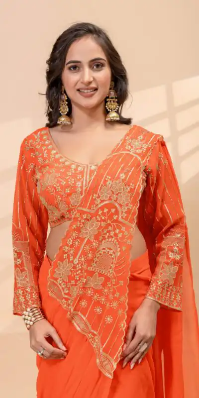 ST 1172 Orange Faux Georgette Saree with Embroidery Work & Bead Work. Now at just ₹1849. Delivery 4-6 Working Days. Shop now. | Designer Sarees, Modern Digital sarees, Sarees, Bollywood Sarees, Creative Sarees, Embroidered Sarees, Ethnic Saree, Party Wear Sarees