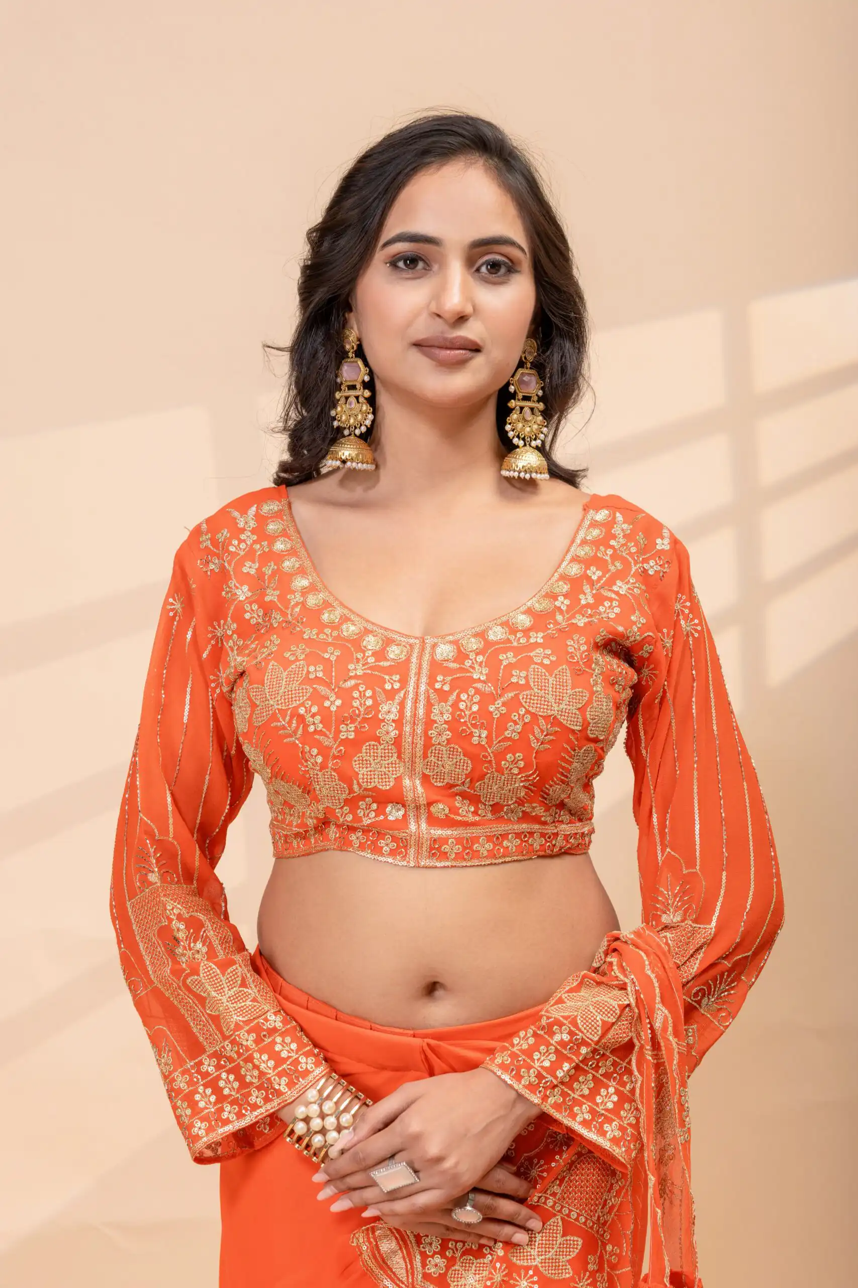 ST 1172 Orange Faux Georgette Saree with Embroidery Work & Bead Work. Now at just ₹1849. Delivery 4-6 Working Days. Shop now. | Designer Sarees, Modern Digital sarees, Sarees, Bollywood Sarees, Creative Sarees, Embroidered Sarees, Ethnic Saree, Party Wear Sarees