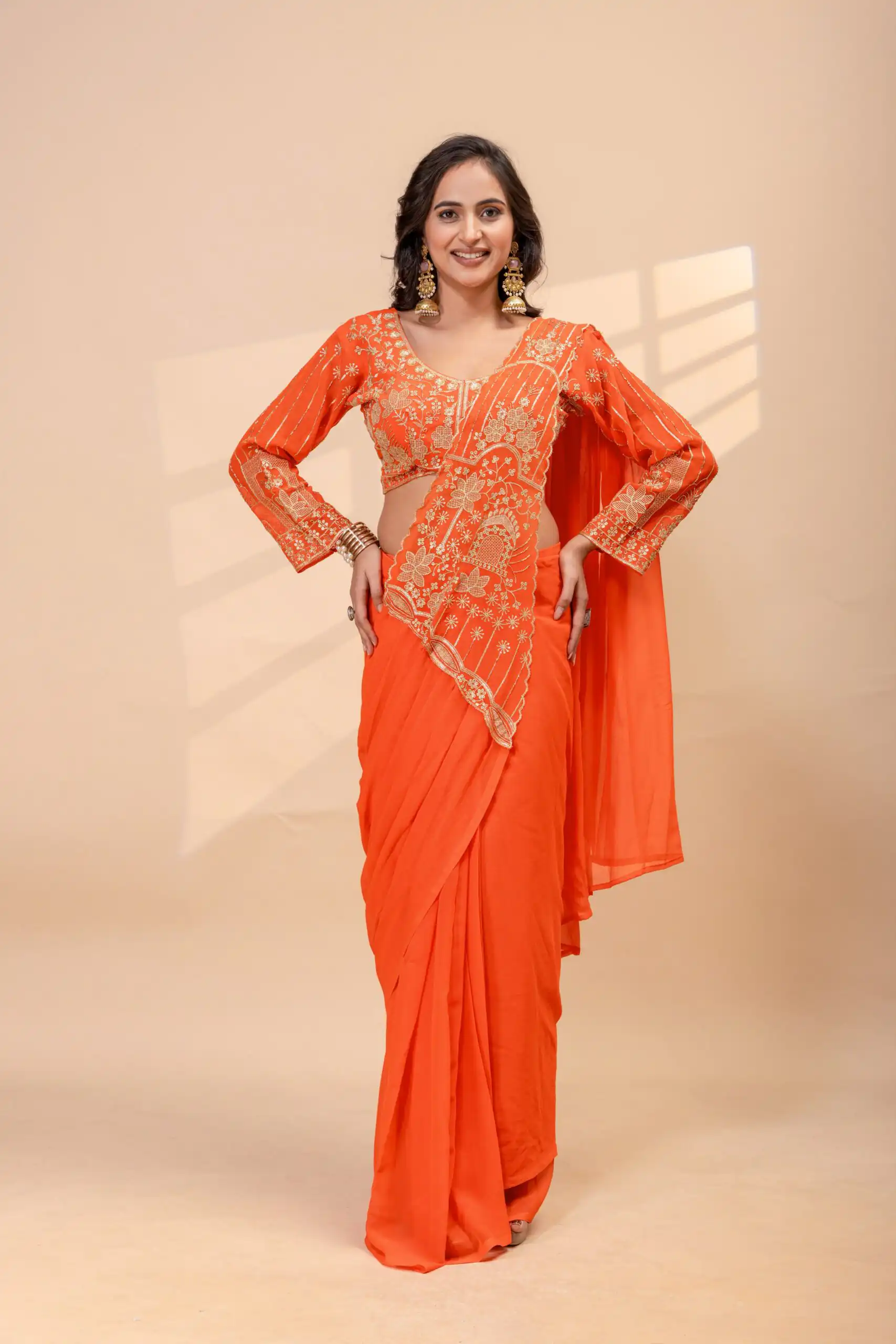 ST 1172 Orange Faux Georgette Saree with Embroidery Work & Bead Work. Now at just ₹1849. Delivery 4-6 Working Days. Shop now. | Designer Sarees, Modern Digital sarees, Sarees, Bollywood Sarees, Creative Sarees, Embroidered Sarees, Ethnic Saree, Party Wear Sarees