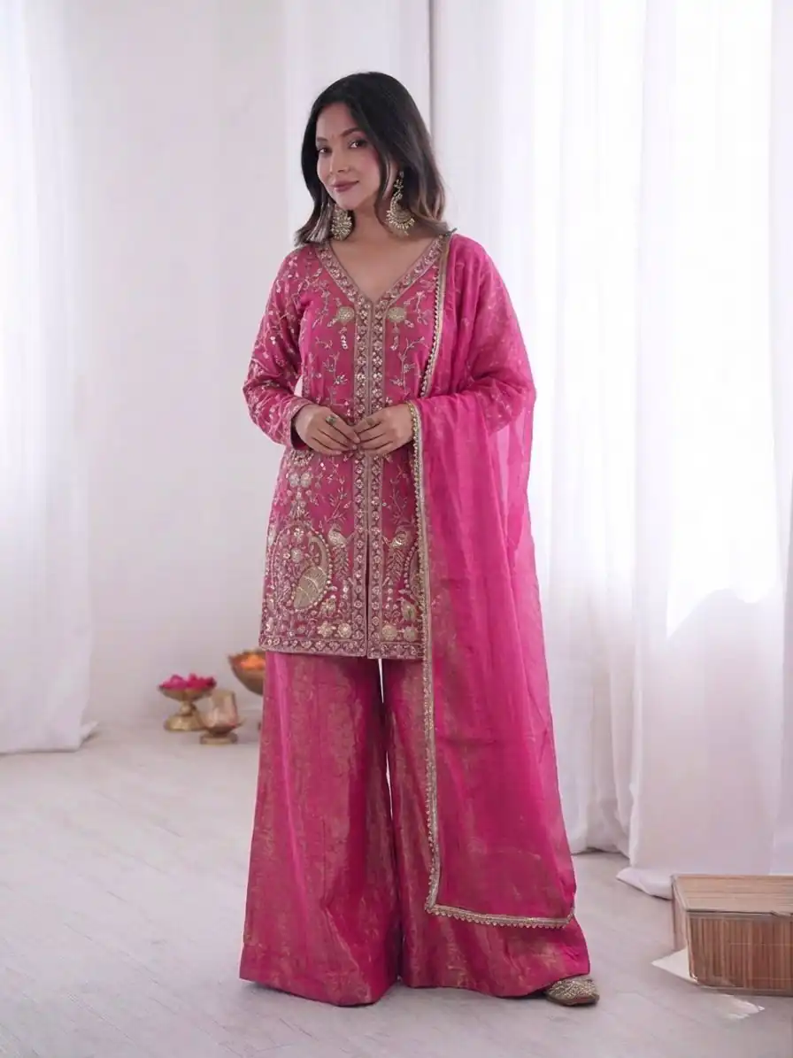 JF 043 Rani Pink Pure Fendy Silk Salwar Suitwith Embroidery Work & Sequins Work. Exclusive Offer ₹1940. Delivery 4-6 Working Days. Shop now. | Jump Suits, Salwar suit, Casual Suits, Creative suits, Designer Suits, Palazzo Suits, Party Wear Suits, Patiala Suits, Straight Suits