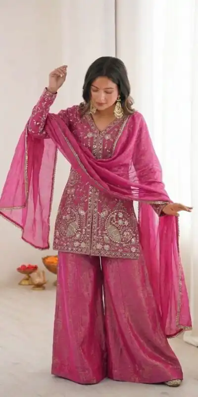 JF 043 Rani Pink Pure Fendy Silk Salwar Suitwith Embroidery Work & Sequins Work. Exclusive Offer ₹1940. Delivery 4-6 Working Days. Shop now. | Jump Suits, Salwar suit, Casual Suits, Creative suits, Designer Suits, Palazzo Suits, Party Wear Suits, Patiala Suits, Straight Suits