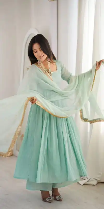 ZF 5020 Sea Green Sea Green Heavy Faux Gown with Lace Border & Lace Work. Festive Deal ₹2099. Delivery 4-6 Working Days. Shop now. | Gowns, Bollywood Gowns, Creative Gowns, Designer Gowns, Embroidered Gowns, Party Wear Gowns