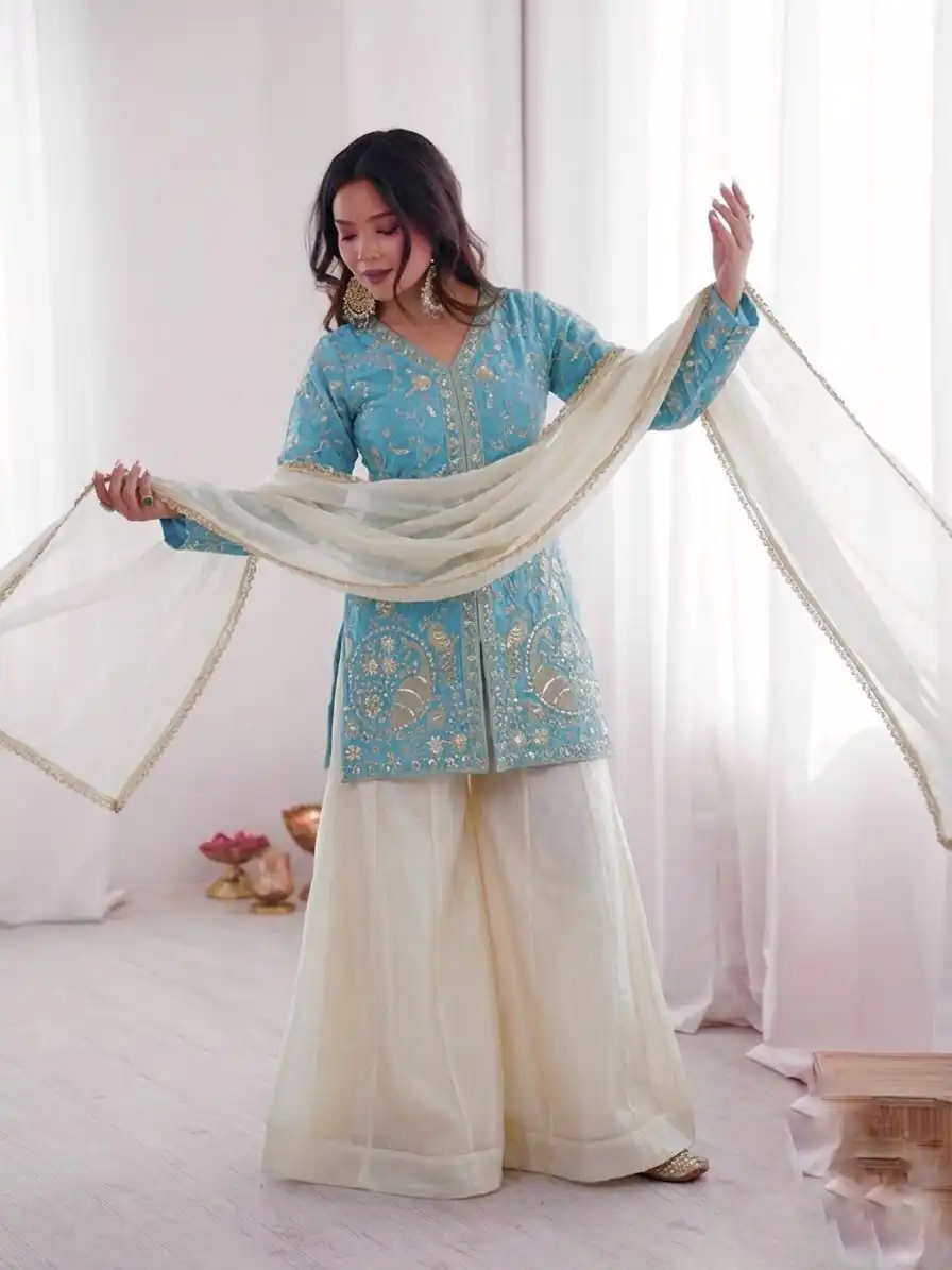 JF 043 Sky Blue Pure Fendy Silk Salwar Suitwith Embroidery Work & Sequins Work. Exclusive Offer ₹1940. Delivery 4-6 Working Days. Shop now. | Jump Suits, Salwar suit, Casual Suits, Creative suits, Designer Suits, Palazzo Suits, Party Wear Suits, Patiala Suits, Straight Suits