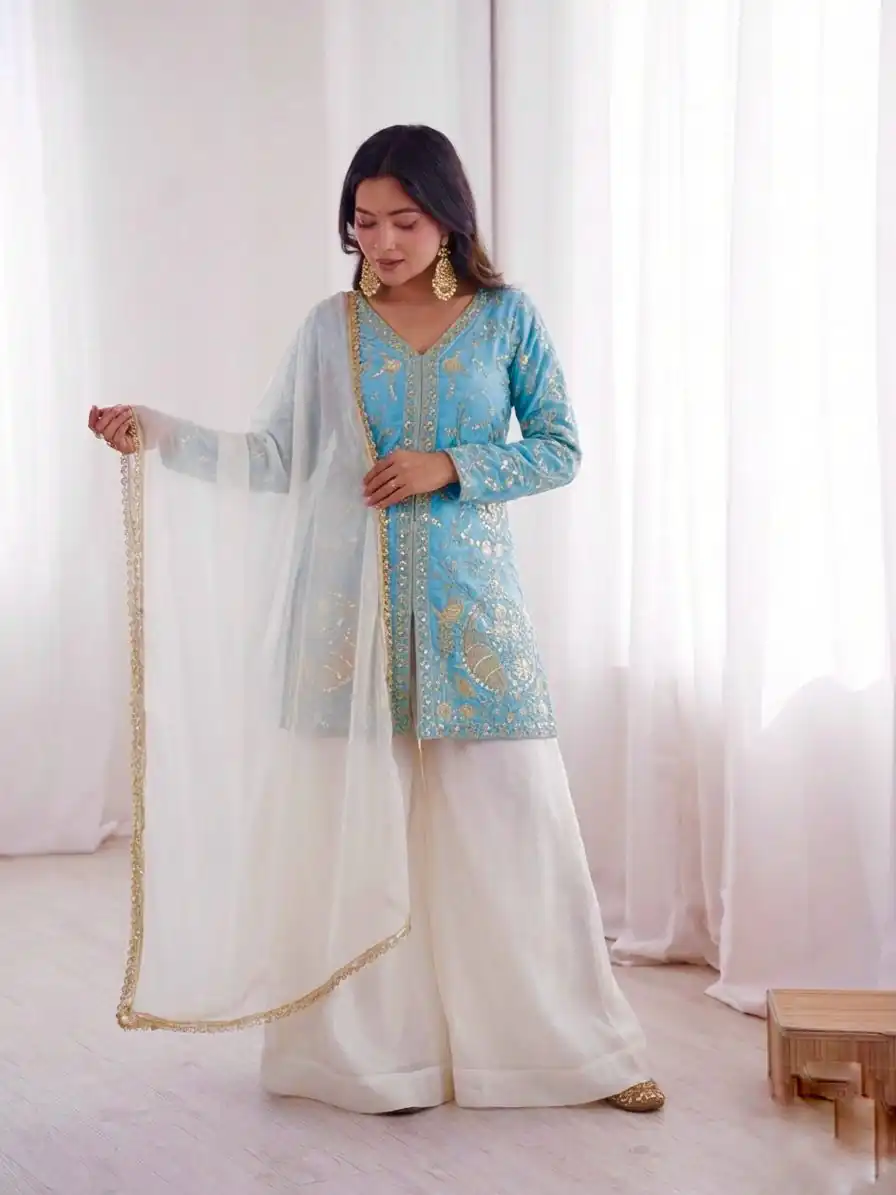 JF 043 Sky Blue Pure Fendy Silk Salwar Suitwith Embroidery Work & Sequins Work. Exclusive Offer ₹1940. Delivery 4-6 Working Days. Shop now. | Jump Suits, Salwar suit, Casual Suits, Creative suits, Designer Suits, Palazzo Suits, Party Wear Suits, Patiala Suits, Straight Suits