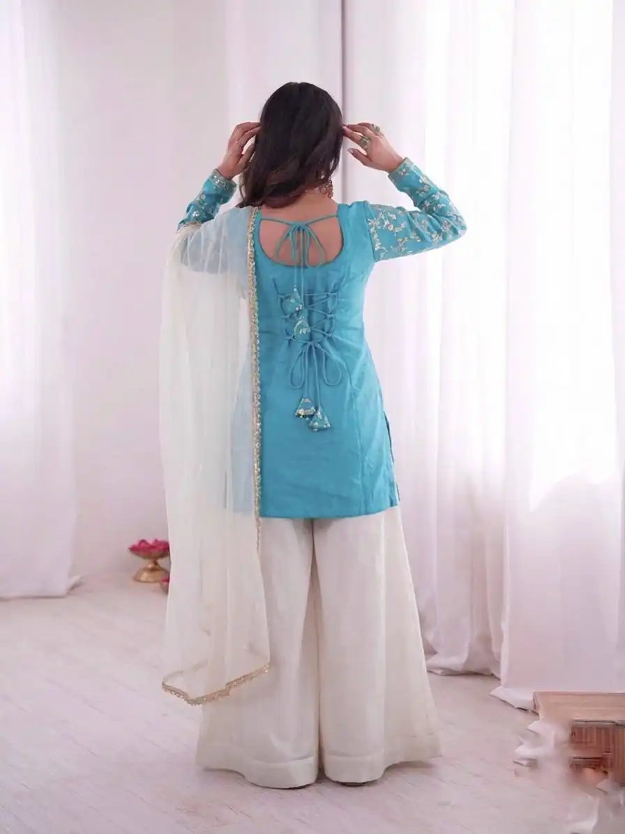 JF 043 Sky Blue Pure Fendy Silk Salwar Suitwith Embroidery Work & Sequins Work. Exclusive Offer ₹1940. Delivery 4-6 Working Days. Shop now. | Jump Suits, Salwar suit, Casual Suits, Creative suits, Designer Suits, Palazzo Suits, Party Wear Suits, Patiala Suits, Straight Suits