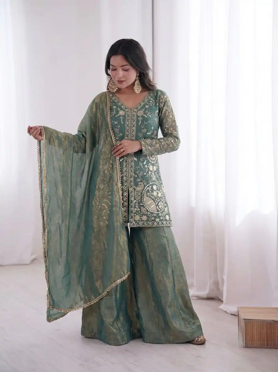 JF 043 Teal Pure Fendy Silk Salwar Suitwith Embroidery Work & Sequins Work. Exclusive Offer ₹1940. Delivery 4-6 Working Days. Shop now. | Jump Suits, Salwar suit, Casual Suits, Creative suits, Designer Suits, Palazzo Suits, Party Wear Suits, Patiala Suits, Straight Suits