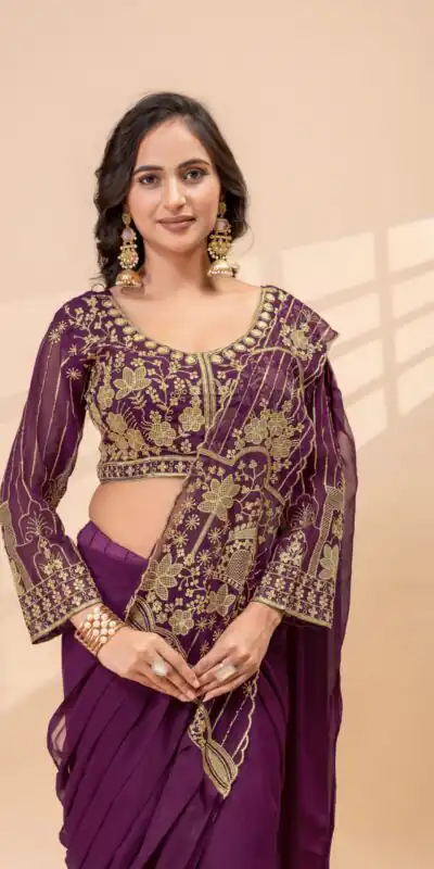 ST 1172 Wine Faux Georgette Saree with Embroidery Work & Bead Work. Now at just ₹1849. Delivery 4-6 Working Days. Shop now. | Designer Sarees, Modern Digital sarees, Sarees, Bollywood Sarees, Creative Sarees, Embroidered Sarees, Ethnic Saree, Party Wear Sarees