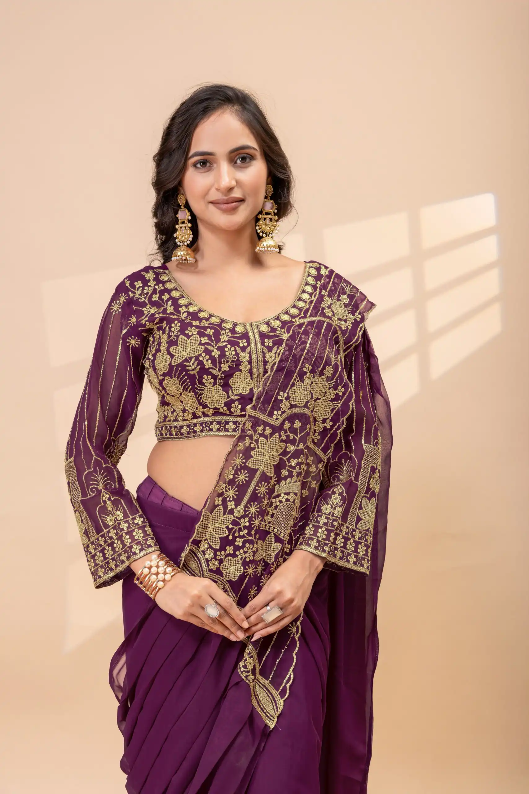 ST 1172 Wine Faux Georgette Saree with Embroidery Work & Bead Work. Now at just ₹1849. Delivery 4-6 Working Days. Shop now. | Designer Sarees, Modern Digital sarees, Sarees, Bollywood Sarees, Creative Sarees, Embroidered Sarees, Ethnic Saree, Party Wear Sarees