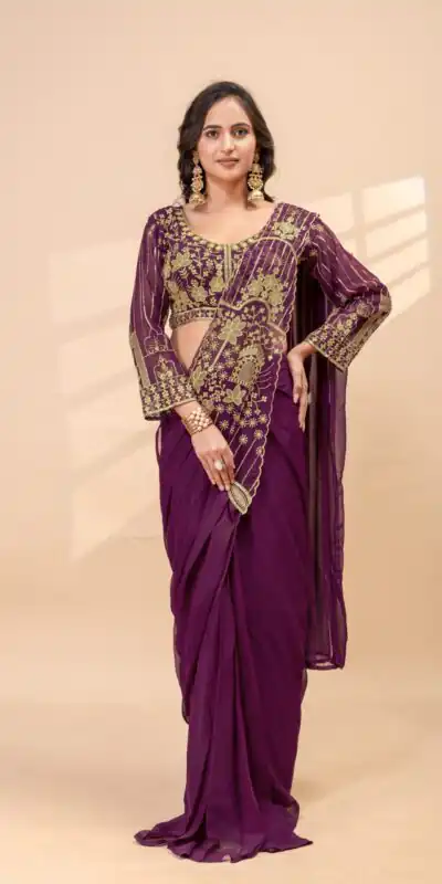 ST 1172 Wine Faux Georgette Saree with Embroidery Work & Bead Work. Now at just ₹1849. Delivery 4-6 Working Days. Shop now. | Designer Sarees, Modern Digital sarees, Sarees, Bollywood Sarees, Creative Sarees, Embroidered Sarees, Ethnic Saree, Party Wear Sarees