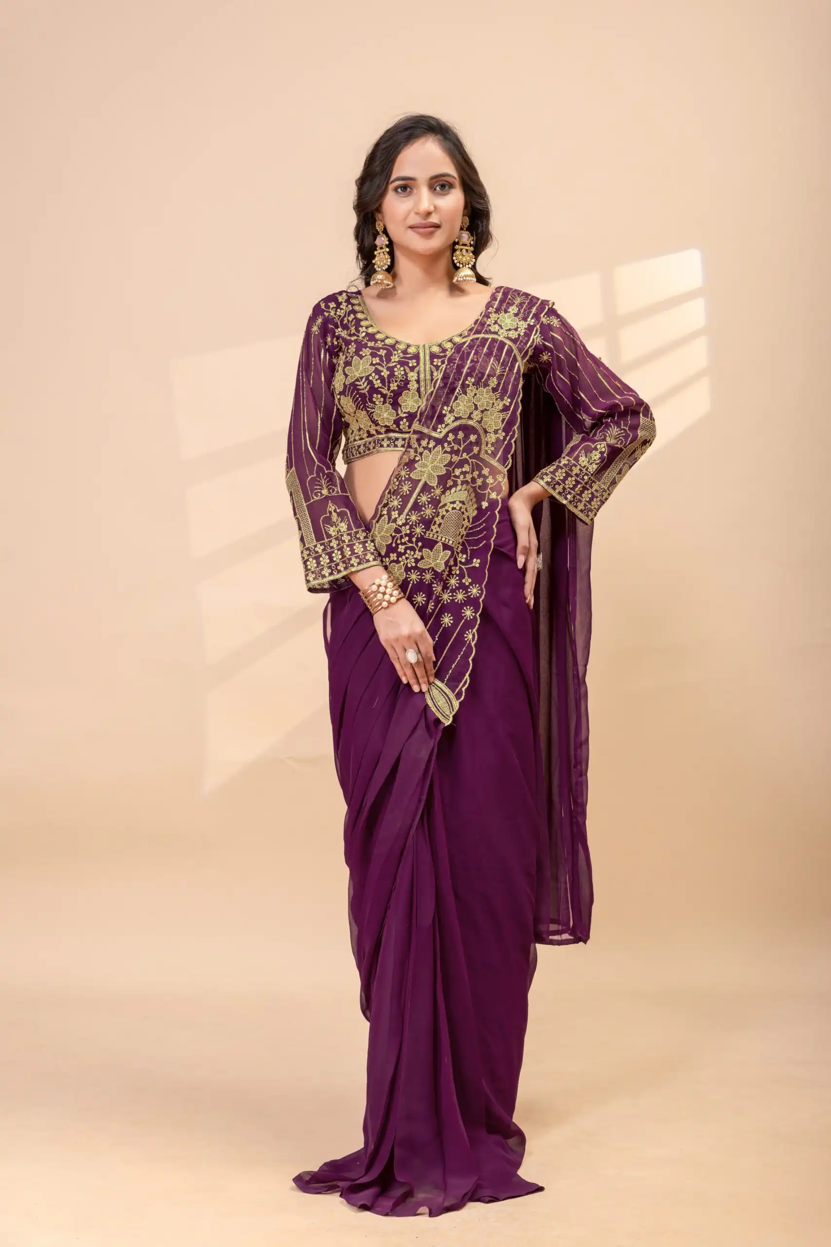 ST 1172 Wine Faux Georgette Saree with Embroidery Work & Bead Work. Now at just ₹1849. Delivery 4-6 Working Days. Shop now. | Designer Sarees, Modern Digital sarees, Sarees, Bollywood Sarees, Creative Sarees, Embroidered Sarees, Ethnic Saree, Party Wear Sarees