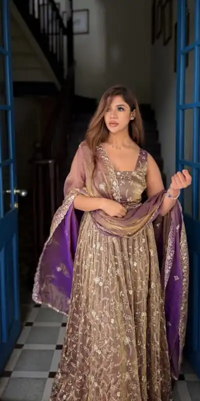 NSR 896 Purple Perfect for Wedding, Party, Makar Sankranti, Raksha Bandhan, Ganesh Chaturthi – Fendy Silk Gown. Festive Deal ₹2149. Delivery 4-6 Working Da | Gowns, Bollywood Gowns, Creative Gowns, Designer Gowns, Embroidered Gowns, Party Wear Gowns