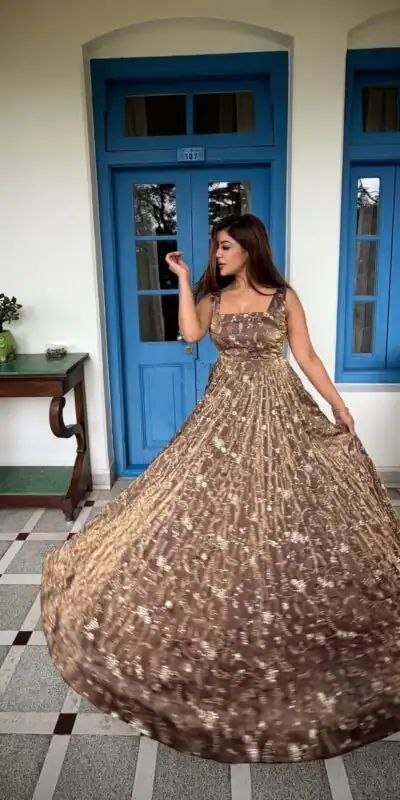 NSR 896 Purple Perfect for Wedding, Party, Makar Sankranti, Raksha Bandhan, Ganesh Chaturthi – Fendy Silk Gown. Festive Deal ₹2149. Delivery 4-6 Working Da | Gowns, Bollywood Gowns, Creative Gowns, Designer Gowns, Embroidered Gowns, Party Wear Gowns
