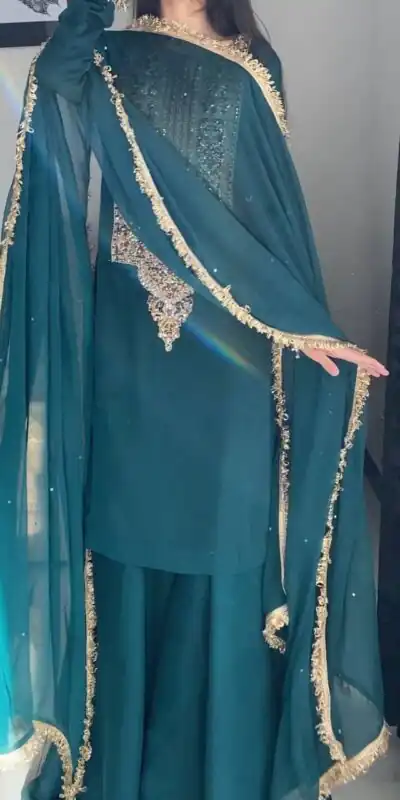 ZC 8021 Teal Fox Georgette Salwar Suit with Embroidery Work & Sequins Work. Exclusive Offer ₹2099. Delivery 4-6 Working Days. Shop now. | Jump Suits, Salwar suit, Casual Suits, Creative suits, Designer Suits, Palazzo Suits, Party Wear Suits, Patiala Suits, Straight Suits