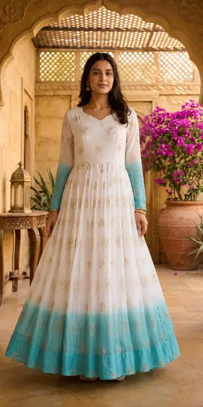 KA 1264 Blue Silver Crunchy Gown Perfect for Wedding, Party, Durga Puja, Ganesh Chaturthi, Family Gatherings – n. Festive Deal ₹1819. Delivery 4-6 Worki | Gowns, Bollywood Gowns, Creative Gowns, Designer Gowns, Embroidered Gowns, Party Wear Gowns