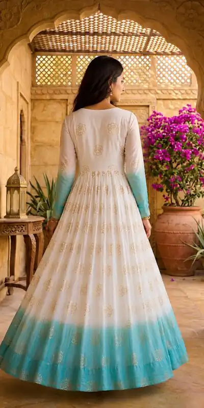 KA 1264 Blue Silver Crunchy Gown Perfect for Wedding, Party, Durga Puja, Ganesh Chaturthi, Family Gatherings – n. Festive Deal ₹1819. Delivery 4-6 Worki | Gowns, Bollywood Gowns, Creative Gowns, Designer Gowns, Embroidered Gowns, Party Wear Gowns