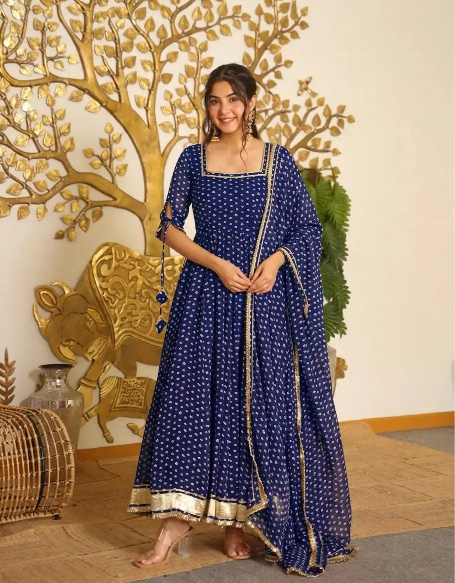 AD 239 Navy Blue in Colour Faux Georgette Bandhani Print Work Gown. Available at ₹1999 only. Delivery 4-6 Working Days. Shop now. | Gowns, Bollywood Gowns, Creative Gowns, Designer Gowns, Embroidered Gowns, Party Wear Gowns