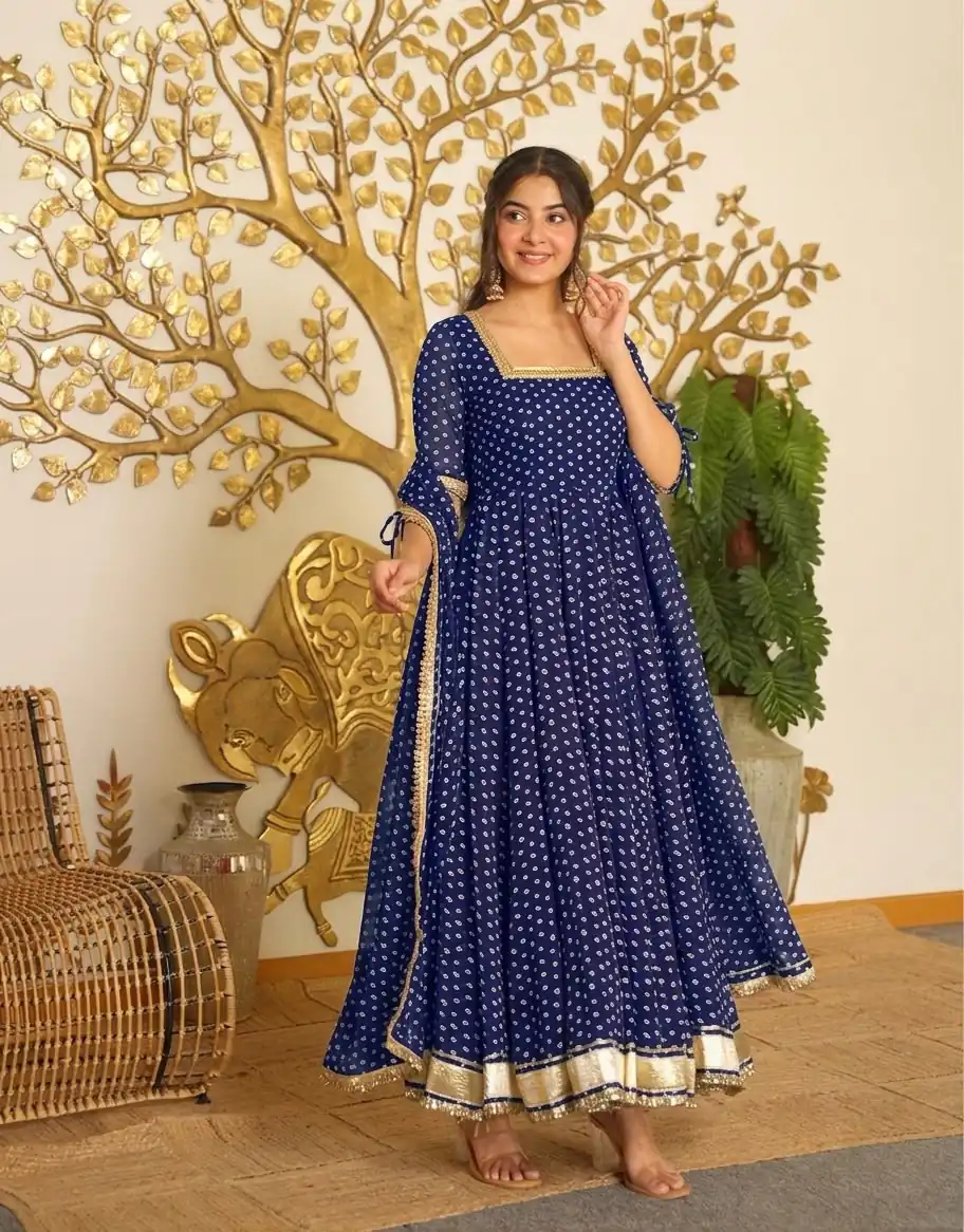 AD 239 Navy Blue in Colour Faux Georgette Bandhani Print Work Gown. Available at ₹1999 only. Delivery 4-6 Working Days. Shop now. | Gowns, Bollywood Gowns, Creative Gowns, Designer Gowns, Embroidered Gowns, Party Wear Gowns