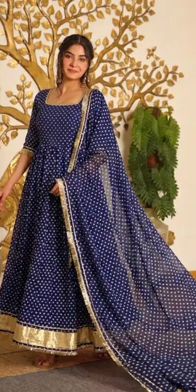 AD 239 Navy Blue in Colour Faux Georgette Bandhani Print Work Gown. Available at ₹1999 only. Delivery 4-6 Working Days. Shop now. | Gowns, Bollywood Gowns, Creative Gowns, Designer Gowns, Embroidered Gowns, Party Wear Gowns