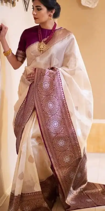 KPR 284 Off White Soft Lichi Silk Saree with Lace Work & Lace Border. Introductory Price ₹1549. Delivery 4-6 Working Days. Shop now. | Designer Sarees, Modern Digital sarees, Sarees, Bollywood Sarees, Creative Sarees, Embroidered Sarees, Ethnic Saree, Party Wear Sarees