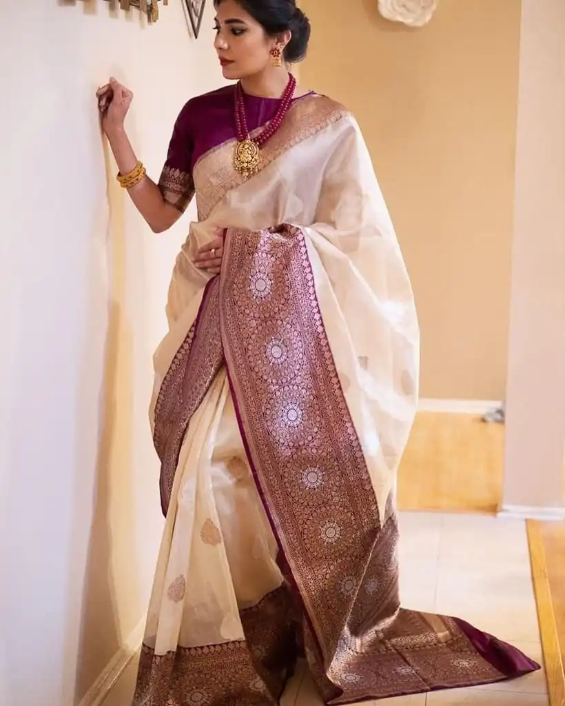 KPR 284 Off White Soft Lichi Silk Saree with Lace Work & Lace Border. Introductory Price ₹1549. Delivery 4-6 Working Days. Shop now. | Designer Sarees, Modern Digital sarees, Sarees, Bollywood Sarees, Creative Sarees, Embroidered Sarees, Ethnic Saree, Party Wear Sarees