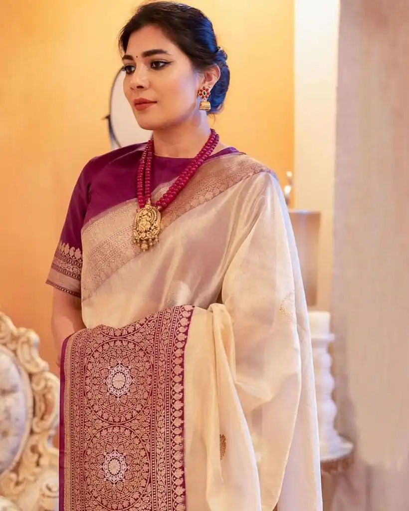 KPR 284 Off White Soft Lichi Silk Saree with Lace Work & Lace Border. Introductory Price ₹1549. Delivery 4-6 Working Days. Shop now. | Designer Sarees, Modern Digital sarees, Sarees, Bollywood Sarees, Creative Sarees, Embroidered Sarees, Ethnic Saree, Party Wear Sarees