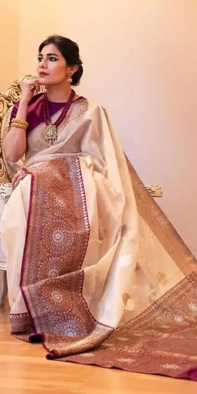 KPR 284 Off White Soft Lichi Silk Saree with Lace Work & Lace Border. Introductory Price ₹1549. Delivery 4-6 Working Days. Shop now. | Designer Sarees, Modern Digital sarees, Sarees, Bollywood Sarees, Creative Sarees, Embroidered Sarees, Ethnic Saree, Party Wear Sarees