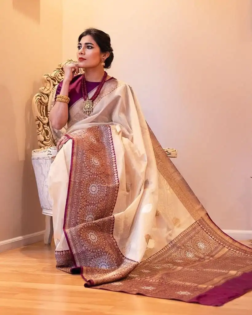 KPR 284 Off White Soft Lichi Silk Saree with Lace Work & Lace Border. Introductory Price ₹1549. Delivery 4-6 Working Days. Shop now. | Designer Sarees, Modern Digital sarees, Sarees, Bollywood Sarees, Creative Sarees, Embroidered Sarees, Ethnic Saree, Party Wear Sarees
