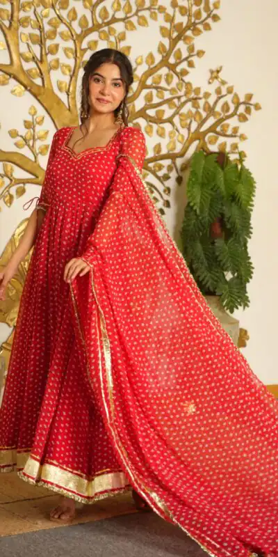 AD 239 Red in Colour Faux Georgette Bandhani Print Work Gown. Available at ₹1999 only. Delivery 4-6 Working Days. Shop now. | Gowns, Bollywood Gowns, Creative Gowns, Designer Gowns, Embroidered Gowns, Party Wear Gowns
