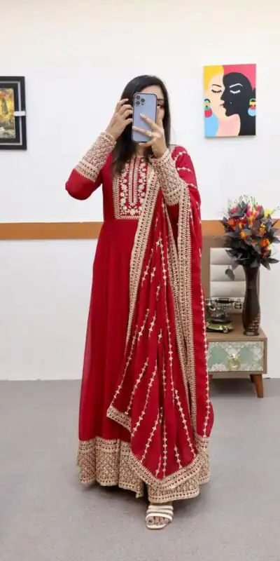 ZC 8957 Red Perfect for Wedding, Party, Lohri, Haldi, Ethnic Day – . Available at ₹999 only. Delivery 4-6 Working Days. Shop now. | Gowns, Bollywood Gowns, Creative Gowns, Designer Gowns, Embroidered Gowns, Party Wear Gowns