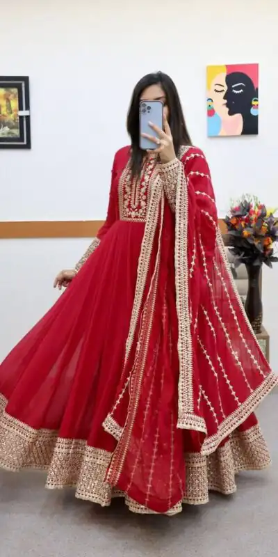 ZC 8957 Red Perfect for Wedding, Party, Lohri, Haldi, Ethnic Day – . Available at ₹999 only. Delivery 4-6 Working Days. Shop now. | Gowns, Bollywood Gowns, Creative Gowns, Designer Gowns, Embroidered Gowns, Party Wear Gowns