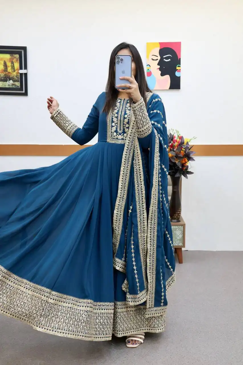 ZC 8957 Gown Perfect for Wedding, Party, Lohri, Haldi, Ethnic Day – . Available at ₹999 only. Delivery 4-6 Working Days. Shop now. | Gowns, Bollywood Gowns, Creative Gowns, Designer Gowns, Embroidered Gowns, Party Wear Gowns