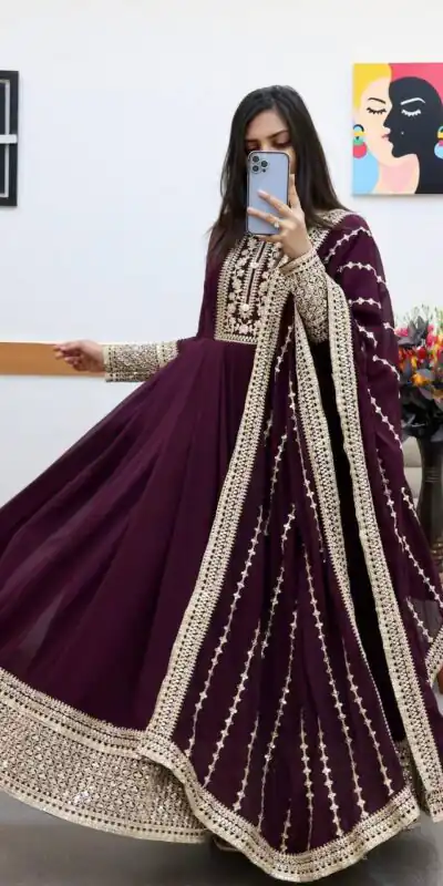 ZC 8957 Wine Perfect for Wedding, Party, Lohri, Haldi, Ethnic Day – . Available at ₹999 only. Delivery 4-6 Working Days. Shop now. | Gowns, Bollywood Gowns, Creative Gowns, Designer Gowns, Embroidered Gowns, Party Wear Gowns
