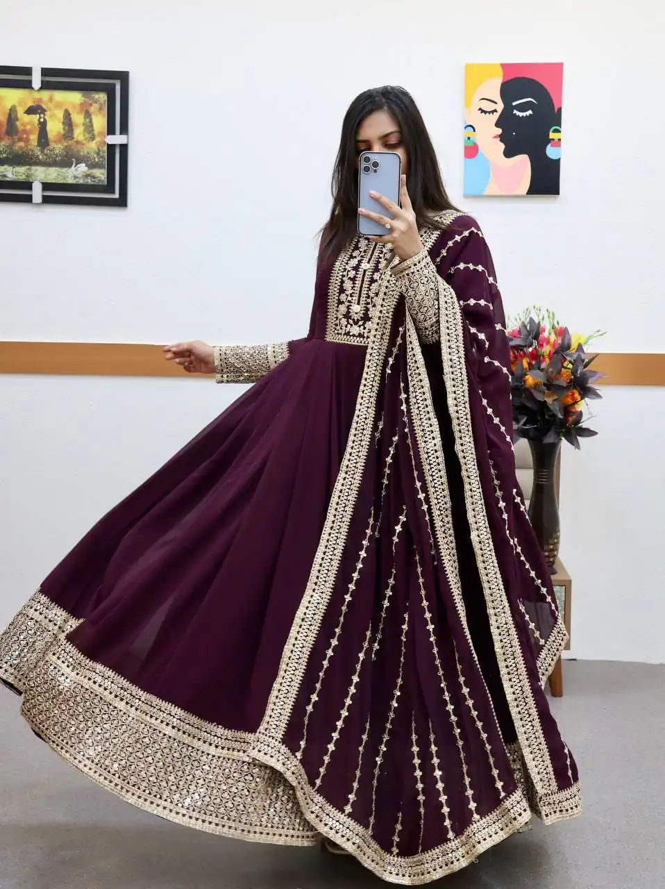 ZC 8957 Wine Perfect for Wedding, Party, Lohri, Haldi, Ethnic Day – . Available at ₹999 only. Delivery 4-6 Working Days. Shop now. | Gowns, Bollywood Gowns, Creative Gowns, Designer Gowns, Embroidered Gowns, Party Wear Gowns