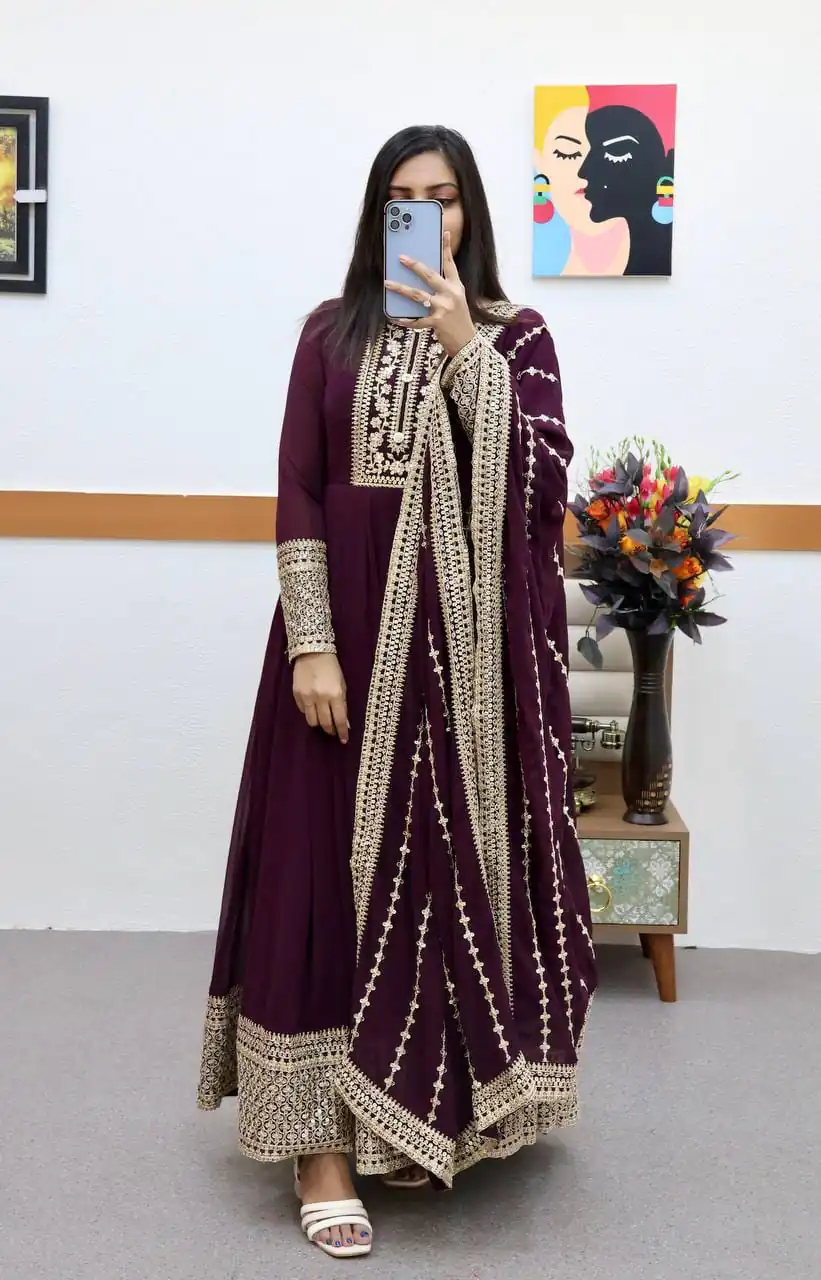 ZC 8957 Wine Perfect for Wedding, Party, Lohri, Haldi, Ethnic Day – . Available at ₹999 only. Delivery 4-6 Working Days. Shop now. | Gowns, Bollywood Gowns, Creative Gowns, Designer Gowns, Embroidered Gowns, Party Wear Gowns