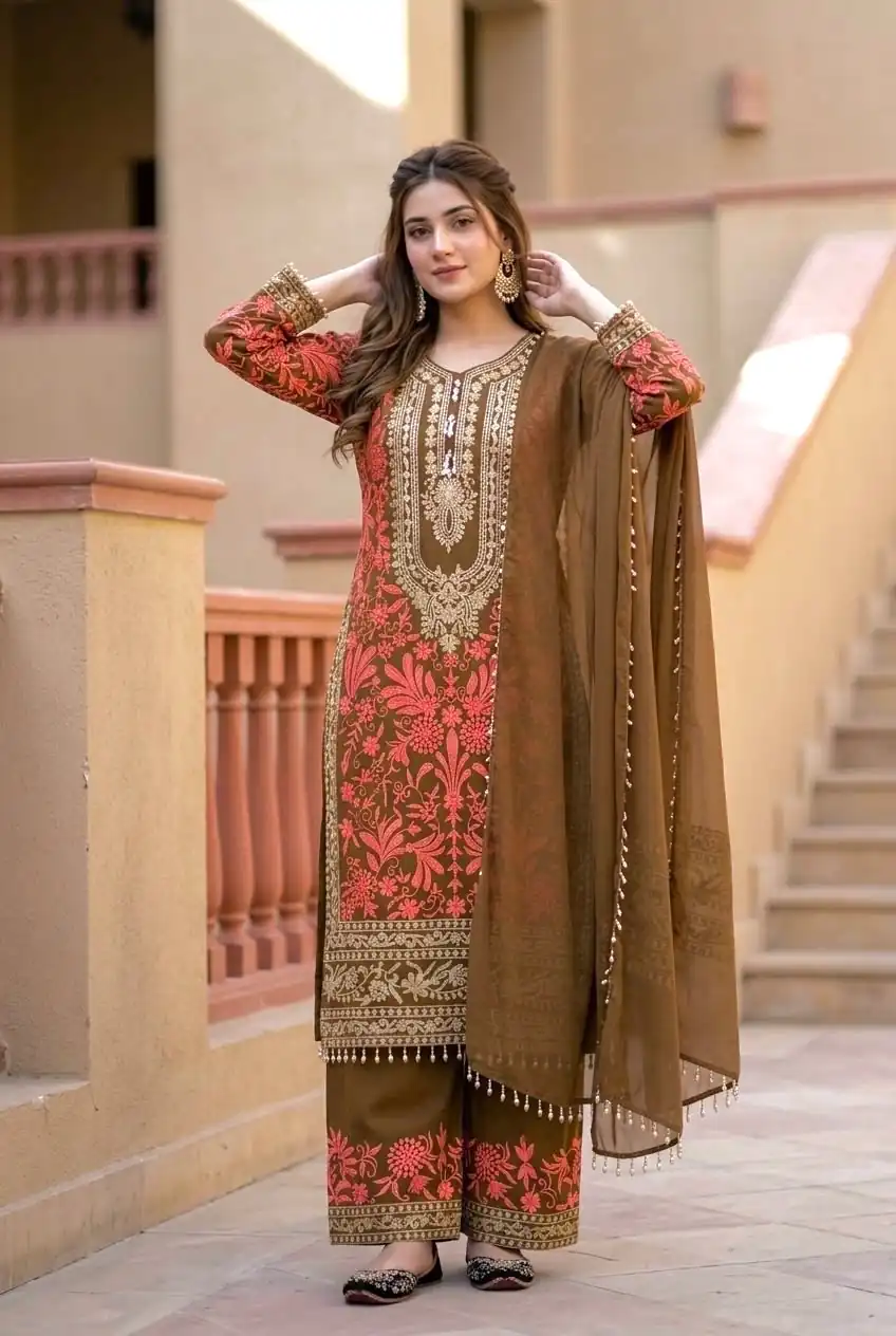 KF 1729 Brown Diamond Georgette Salwar Suit with Sequins Work & Embroidery Work. Introductory Price ₹2399. Delivery 4-6 Working Days. Shop now. | Jump Suits, Salwar suit, Casual Suits, Creative suits, Designer Suits, Palazzo Suits, Party Wear Suits, Patiala Suits, Straight Suits