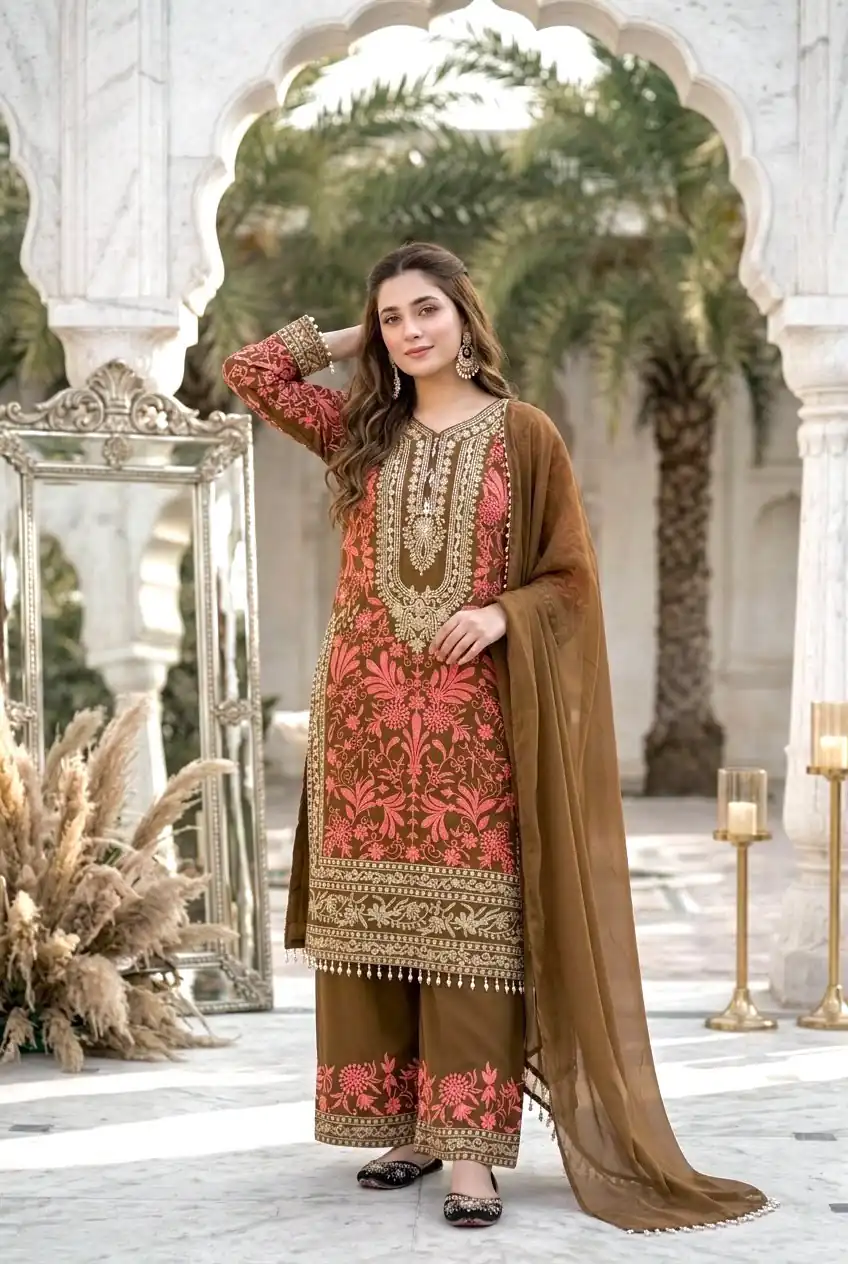 KF 1729 Brown Diamond Georgette Salwar Suit with Sequins Work & Embroidery Work. Introductory Price ₹2399. Delivery 4-6 Working Days. Shop now. | Jump Suits, Salwar suit, Casual Suits, Creative suits, Designer Suits, Palazzo Suits, Party Wear Suits, Patiala Suits, Straight Suits
