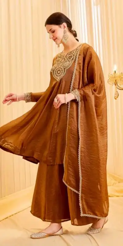 KF 1727 Brown Fandy Silk Salwar Suit Perfect for Wedding, Party, Family Gatherings, Onam, Engagement – . Affordable Price ₹1849. Delivery 4-6 Working Da | Jump Suits, Salwar suit, Casual Suits, Creative suits, Designer Suits, Palazzo Suits, Party Wear Suits, Patiala Suits, Straight Suits