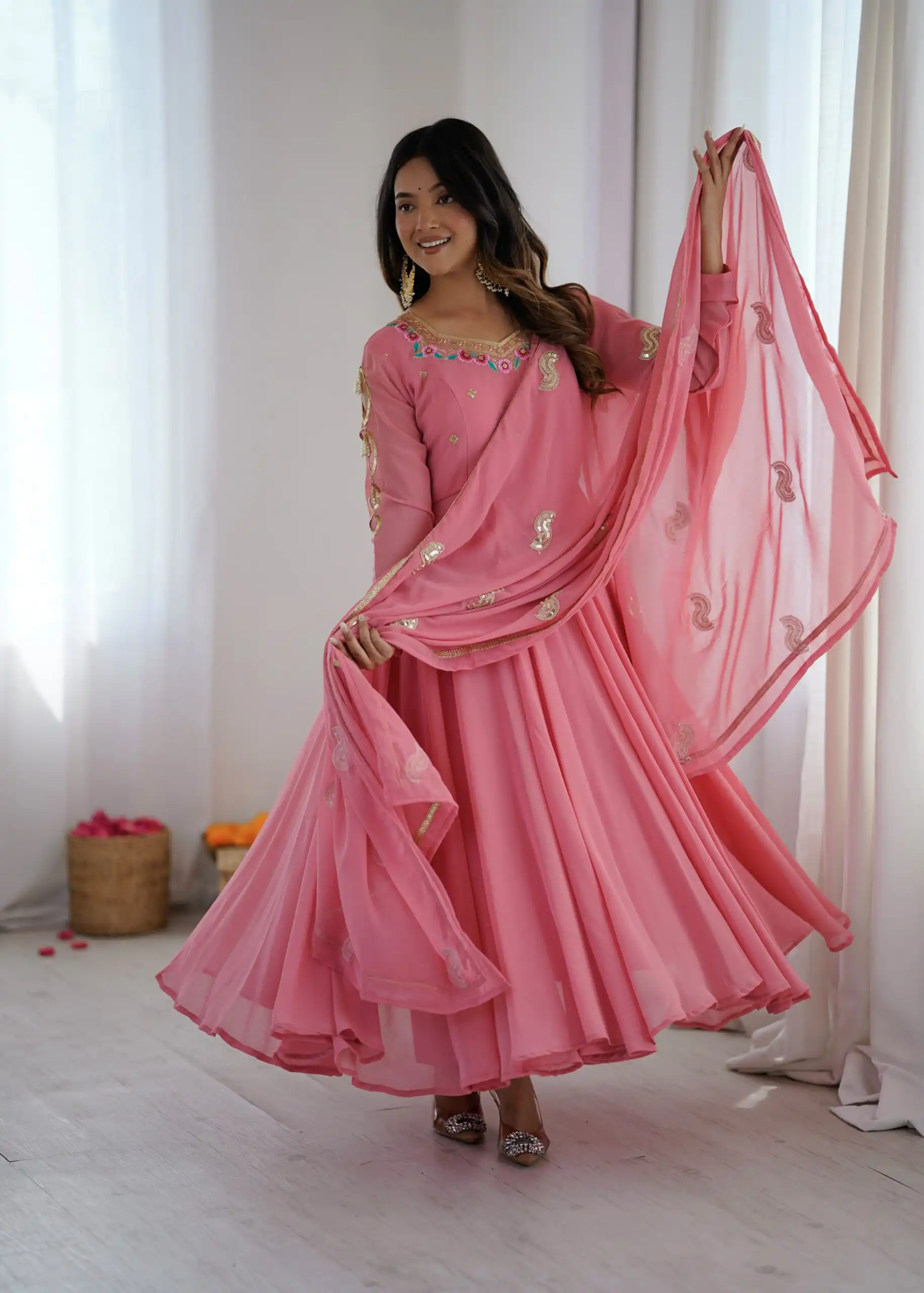 SRK 5363 Dusty Pink | Dusty Pink Faux Georgette Gown with Sequins Work & Embroidery Work. Affordable Price ₹2099. Delivery 4-6 Working Days. Shop now. | Gowns, Bollywood Gowns, Creative Gowns, Designer Gowns, Embroidered Gowns, Party Wear Gowns