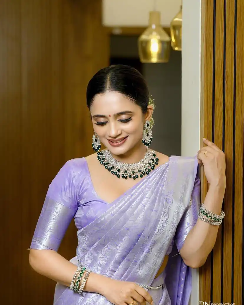 KPR 259 Lavender Soft Lichi Silk Saree with Lace Work & Lace Border. Introductory Price ₹1349. Delivery 4-6 Working Days. Shop now. | Designer Sarees, Modern Digital sarees, Sarees, Bollywood Sarees, Creative Sarees, Embroidered Sarees, Ethnic Saree, Party Wear Sarees