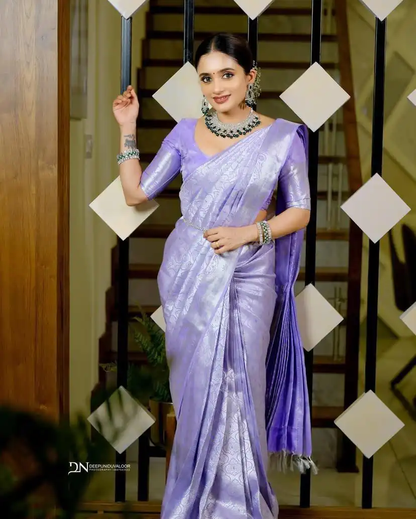 KPR 259 Lavender Soft Lichi Silk Saree with Lace Work & Lace Border. Introductory Price ₹1349. Delivery 4-6 Working Days. Shop now. | Designer Sarees, Modern Digital sarees, Sarees, Bollywood Sarees, Creative Sarees, Embroidered Sarees, Ethnic Saree, Party Wear Sarees