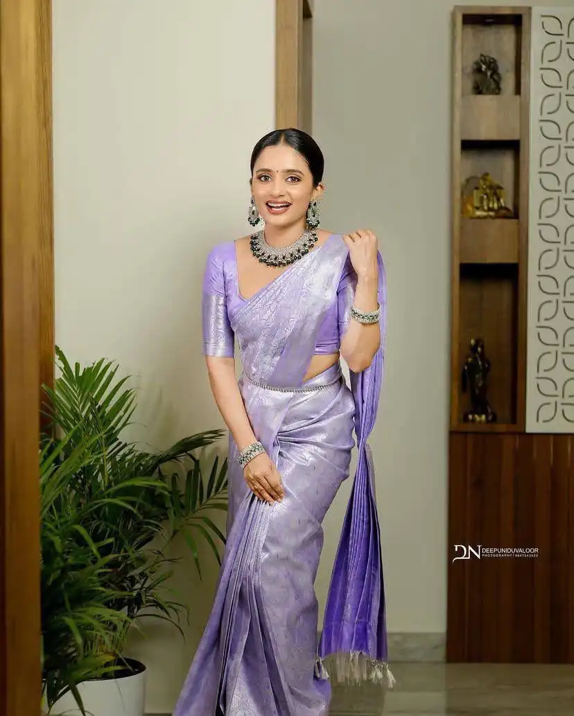 KPR 259 Lavender Soft Lichi Silk Saree with Lace Work & Lace Border. Introductory Price ₹1349. Delivery 4-6 Working Days. Shop now. | Designer Sarees, Modern Digital sarees, Sarees, Bollywood Sarees, Creative Sarees, Embroidered Sarees, Ethnic Saree, Party Wear Sarees