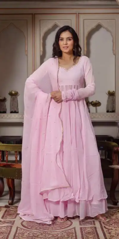 KD 1636 Light Pink | Faux Georgette Salwar Suit with Lace Work & Digital Print. Introductory Price ₹1999. Delivery 4-6 Working Days. Shop now. | Anarkali Suits, Bollywood Anarkali, Creative-Anarkali, Designer Anarkali, Embroidered Anarkali, Party Wear Anarkali, Salwar suit
