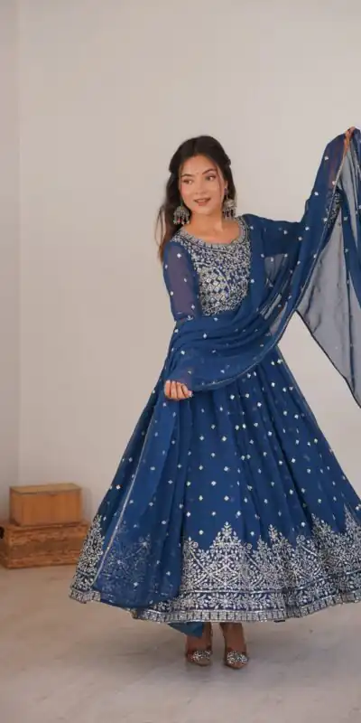 SP 81 Navy Blue| Faux Georgette Salwar Suit with Lace Work & Digital Print. Introductory Price ₹2449. Delivery 4-6 Working Days. Shop now. | Anarkali Suits, Bollywood Anarkali, Creative-Anarkali, Designer Anarkali, Embroidered Anarkali, Party Wear Anarkali, Salwar suit