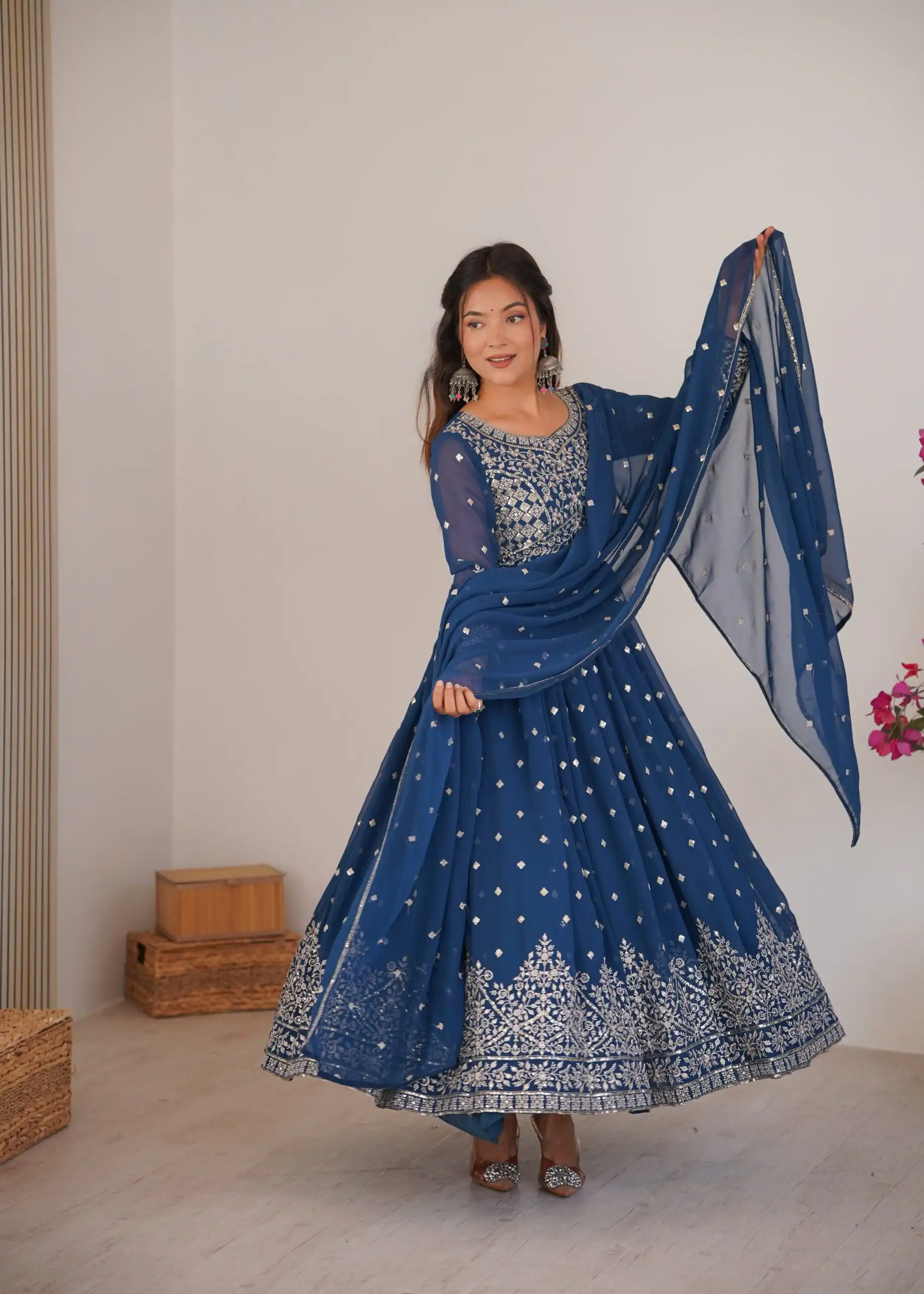 SP 81 Navy Blue| Faux Georgette Salwar Suit with Lace Work & Digital Print. Introductory Price ₹2449. Delivery 4-6 Working Days. Shop now. | Anarkali Suits, Bollywood Anarkali, Creative-Anarkali, Designer Anarkali, Embroidered Anarkali, Party Wear Anarkali, Salwar suit